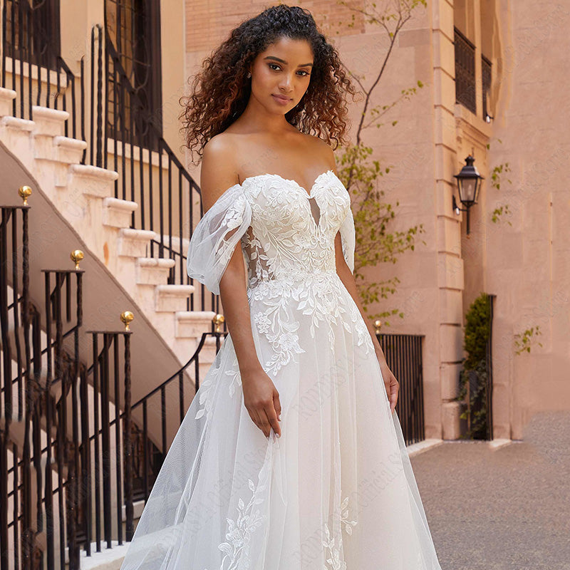 RODDRSYA Beach Wedding Dresses Lace Puff Sleeves Bridal Gowns Princess Off Shoulder Vestido De Novia Appliques Tulle Sweep Train-payinti