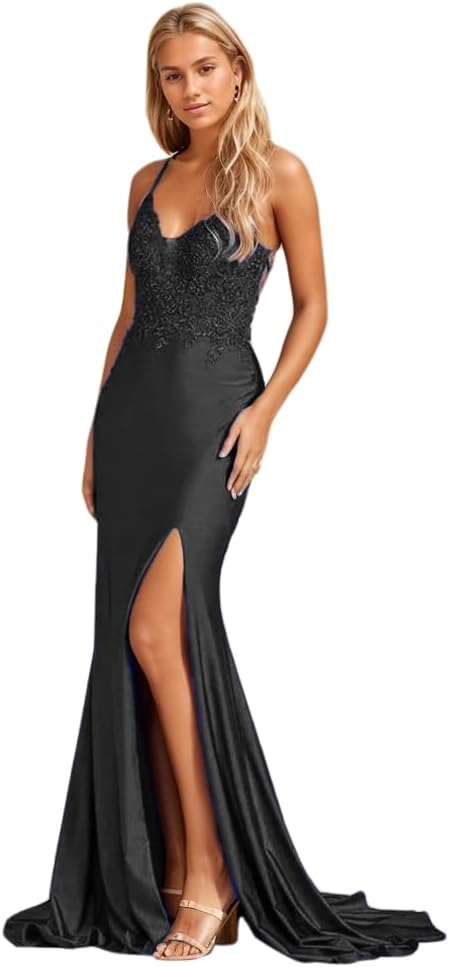 Women's Lace Applique Mermaid Prom Dresses Long with Slit Stretchy Satin V Neck Formal Evening Gown