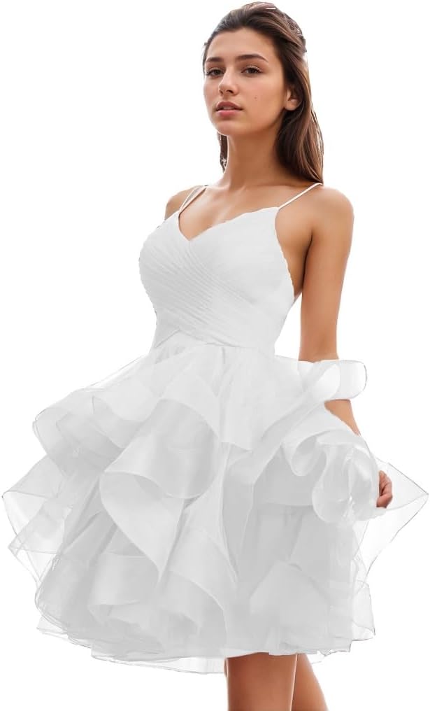 Women's Puffy Ruffle Short Homecoming Dress Tull Tutu Prom Dress V Neck Formal Party Gown