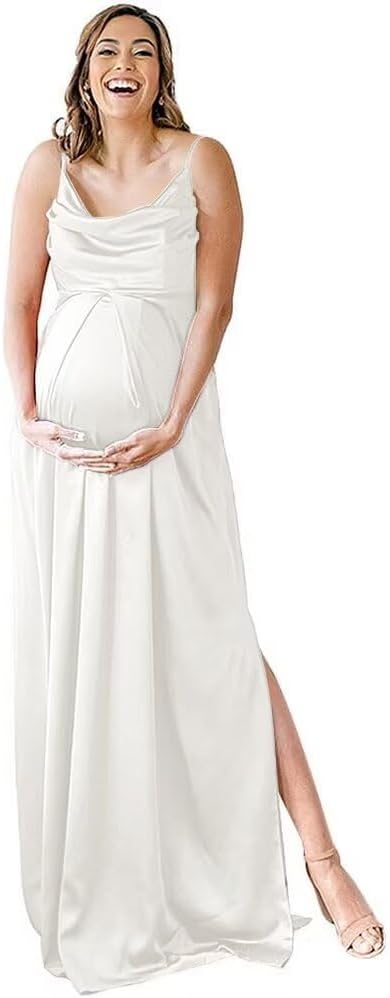 Spaghettiträger Umstandskleid Brautjungfernkleid für Fotoshooting Langes Satin Beinschlitz Schwangeres Abschlussball Partykleid 