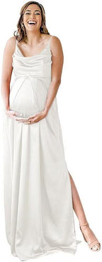 Spaghettiträger Umstandskleid Brautjungfernkleid für Fotoshooting Langes Satin Beinschlitz Schwangeres Abschlussball Partykleid 