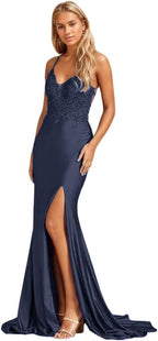 Damen Meerjungfrau-Ballkleid mit Spitzenapplikation, lang, mit Schlitz, dehnbar, Satin, V-Ausschnitt, formelles Abendkleid 
