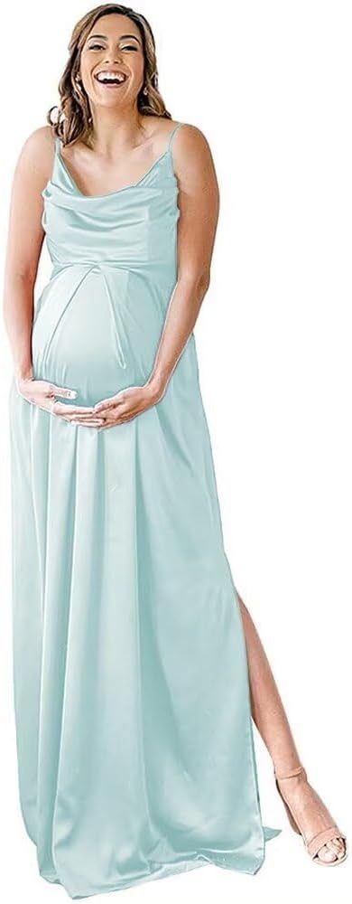Spaghettiträger Umstandskleid Brautjungfernkleid für Fotoshooting Langes Satin Beinschlitz Schwangeres Abschlussball Partykleid 