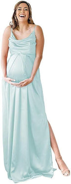 Spaghettiträger Umstandskleid Brautjungfernkleid für Fotoshooting Langes Satin Beinschlitz Schwangeres Abschlussball Partykleid 