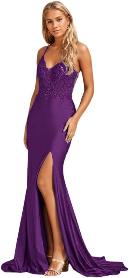 Women's Lace Applique Mermaid Prom Dresses Long with Slit Stretchy Satin V Neck Formal Evening Gown