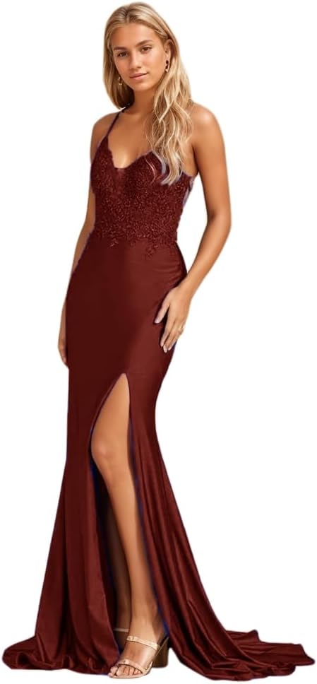 Women's Lace Applique Mermaid Prom Dresses Long with Slit Stretchy Satin V Neck Formal Evening Gown