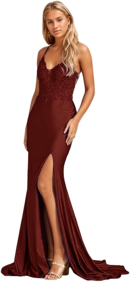 Women's Lace Applique Mermaid Prom Dresses Long with Slit Stretchy Satin V Neck Formal Evening Gown