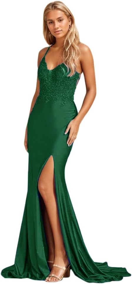 Women's Lace Applique Mermaid Prom Dresses Long with Slit Stretchy Satin V Neck Formal Evening Gown