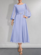 Vestido de gasa para madre de la novia, corte A, escote redondo, largo hasta la rodilla, plisado, con broche de cristal