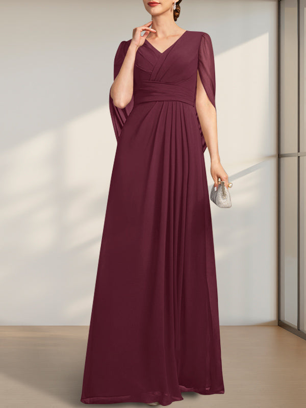 Vestido de gasa para madre de la novia con escote en V, largo hasta el suelo, con pliegues