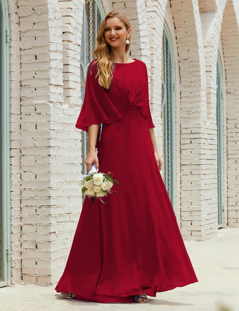 Vestido de dama de honor Sunnderly para mujer, de gasa, manga larga y cuello en V, vestido formal para boda o fiesta SY28018 