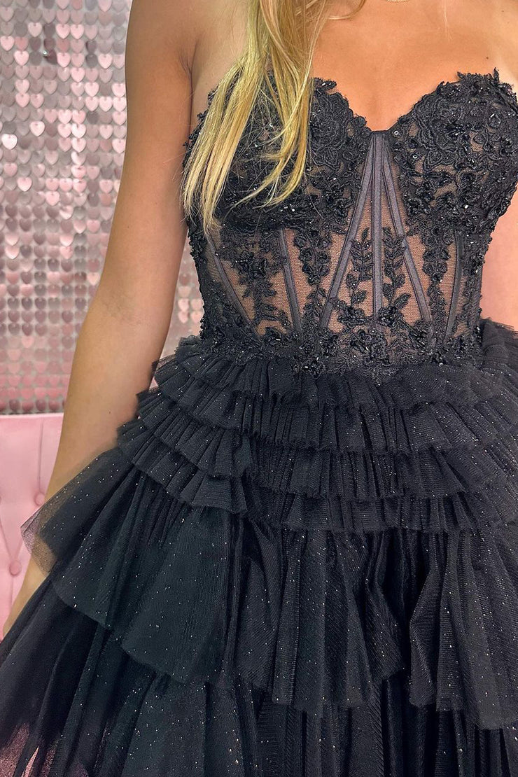 Hermosos vestidos de fiesta cortos negros de tul con escote en forma de A y apliques Y2725