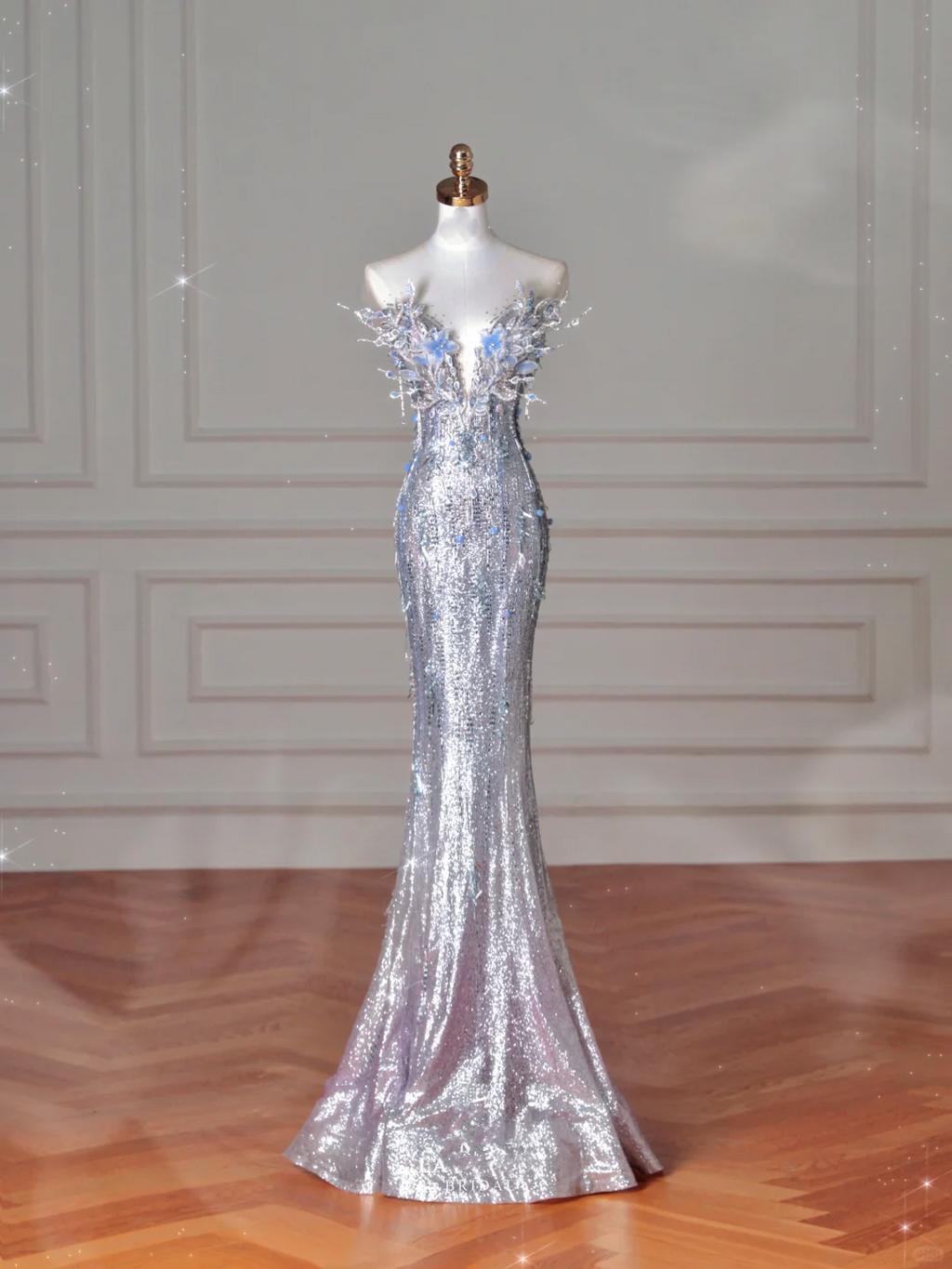 Luxus Silber Pailletten 3D Perlen Meerjungfrau Abendkleid Langes Ballkleid mit Schleife Y8640