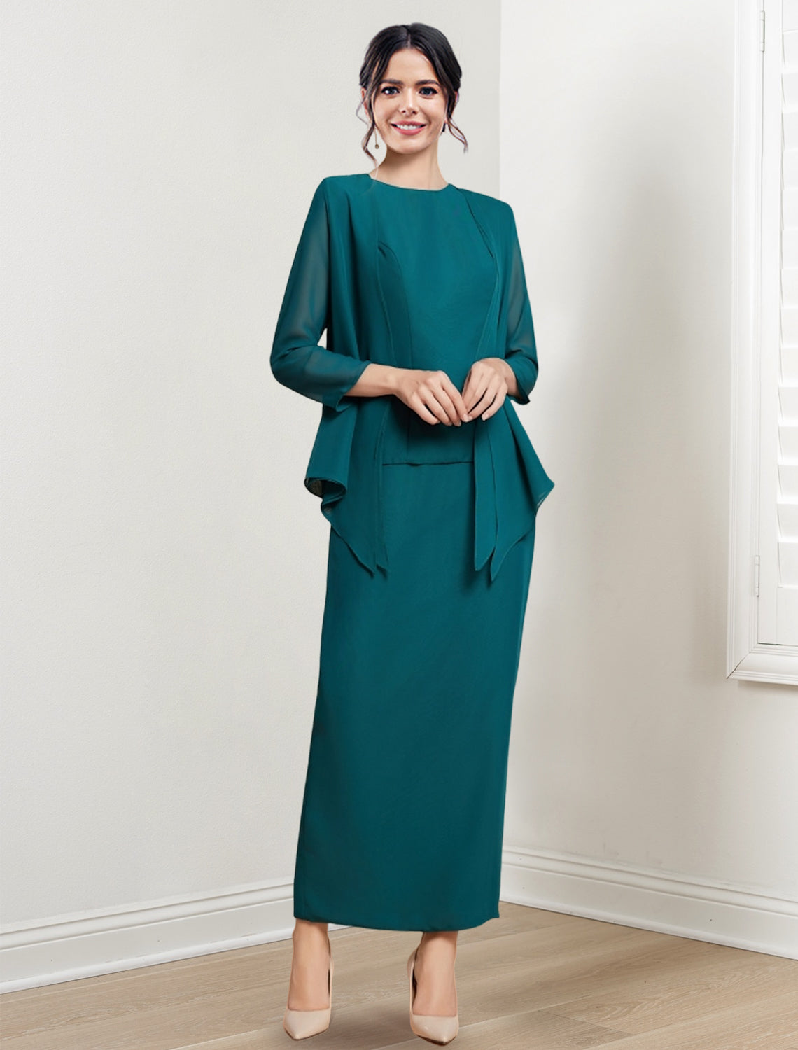 Vestidos para madre de la novia con escote joya, corte tubo/columna y largo hasta los tobillos