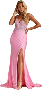 Damen Meerjungfrau-Ballkleid mit Spitzenapplikation, lang, mit Schlitz, dehnbar, Satin, V-Ausschnitt, formelles Abendkleid 