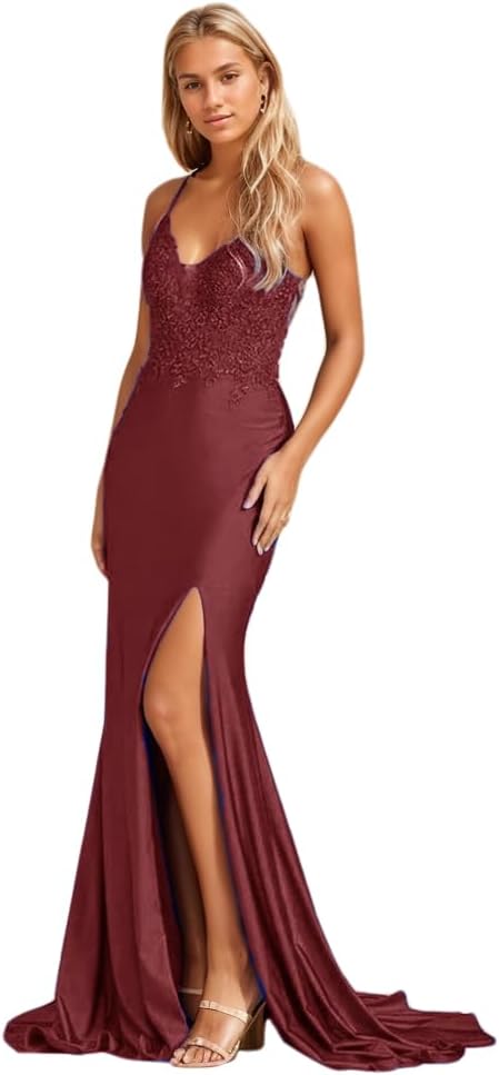 Damen Meerjungfrau-Ballkleid mit Spitzenapplikation, lang, mit Schlitz, dehnbar, Satin, V-Ausschnitt, formelles Abendkleid 