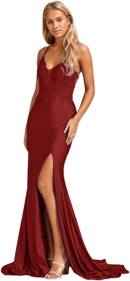 Women's Lace Applique Mermaid Prom Dresses Long with Slit Stretchy Satin V Neck Formal Evening Gown