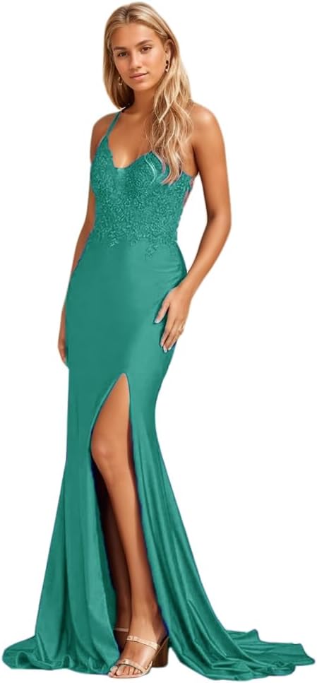 Damen Meerjungfrau-Ballkleid mit Spitzenapplikation, lang, mit Schlitz, dehnbar, Satin, V-Ausschnitt, formelles Abendkleid 