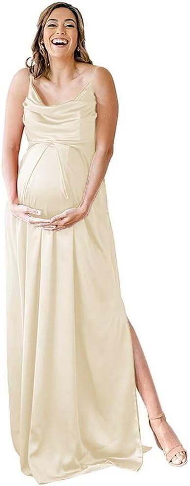 Spaghettiträger Umstandskleid Brautjungfernkleid für Fotoshooting Langes Satin Beinschlitz Schwangeres Abschlussball Partykleid 