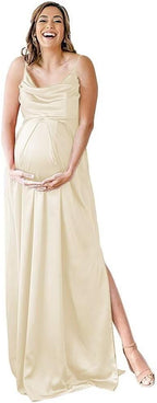 Spaghettiträger Umstandskleid Brautjungfernkleid für Fotoshooting Langes Satin Beinschlitz Schwangeres Abschlussball Partykleid 