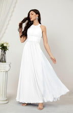 Vestido formal de fiesta Sunnderly de gasa con cuello halter, largo y sin mangas, para dama de honor SY2802 