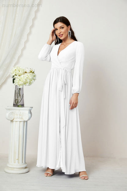 Sunnderly Evening Dresses Deep V-Neck Chiffon Bridesmaid Dresses Long Bishop Sleeve Side Split Formal Dress SY2806
