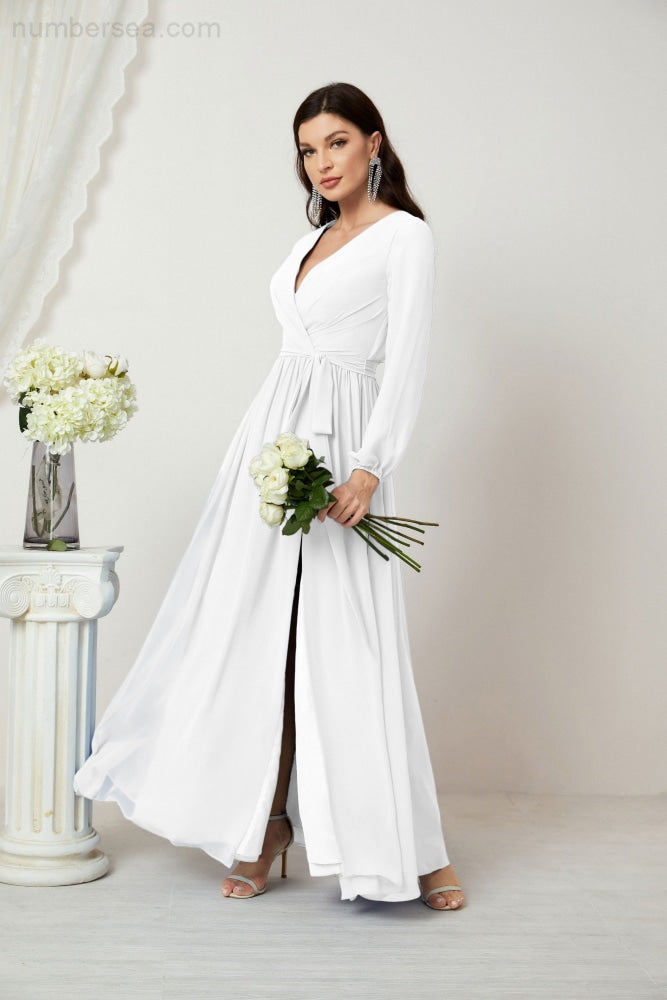 Vestidos de noche Sunnderly con escote en V profundo, gasa, para dama de honor, manga larga de obispo, abertura lateral, vestido formal SY2806 
