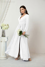 Vestidos de noche Sunnderly con escote en V profundo, gasa, para dama de honor, manga larga de obispo, abertura lateral, vestido formal SY2806 