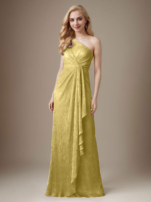 Vestido de madre de la novia con un solo hombro de malla metálica y corte rubí