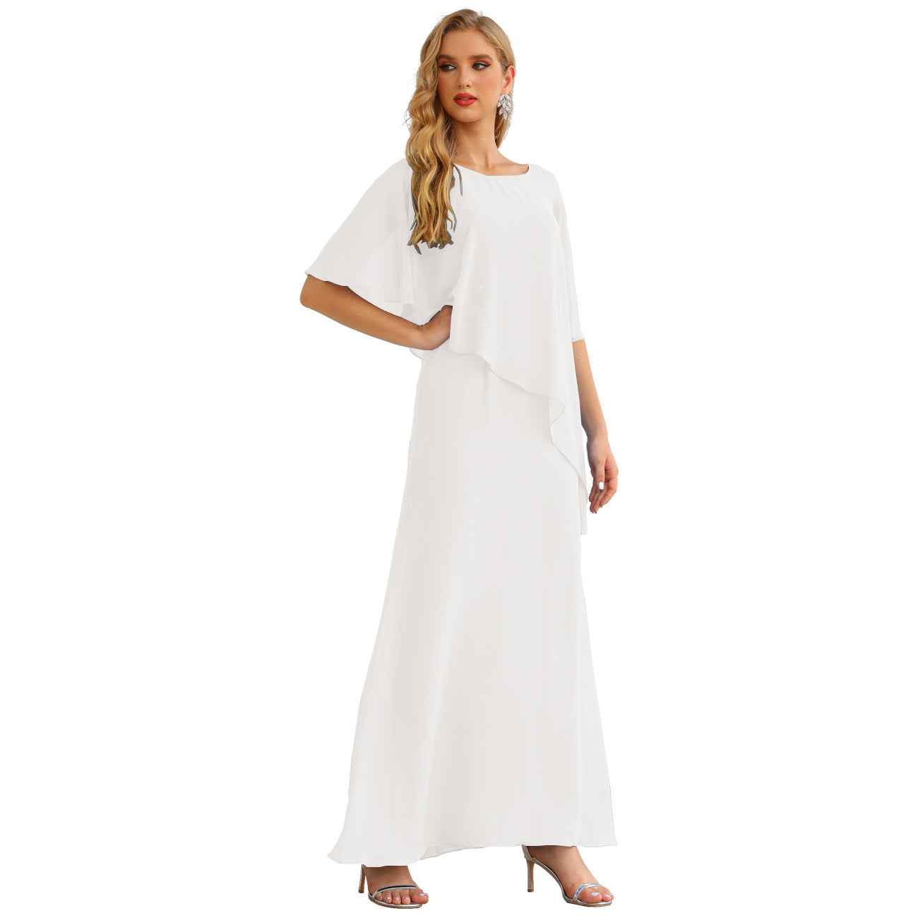 Sunnderly Chiffon Plus Size Mother of The Bride Dresses Formal Prom Gown Ruffle Cape