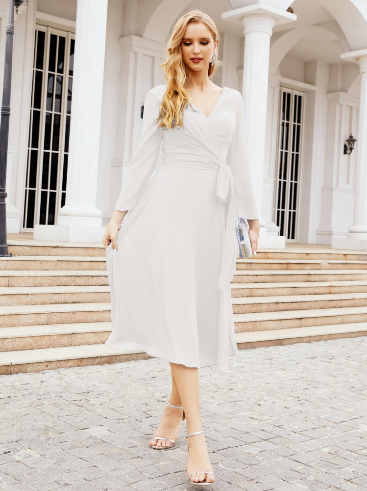 Vestido de dama de honor con escote en V y cinturón para madre de la novia, invitada de boda SY28031 