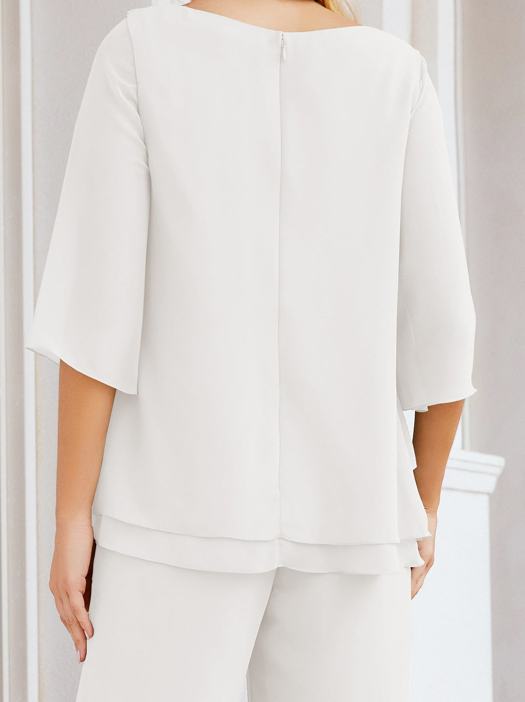 Elegante vestido de dos piezas para madre de la novia, talla grande, pantalón, capas con volantes, bata plateada SY28064 