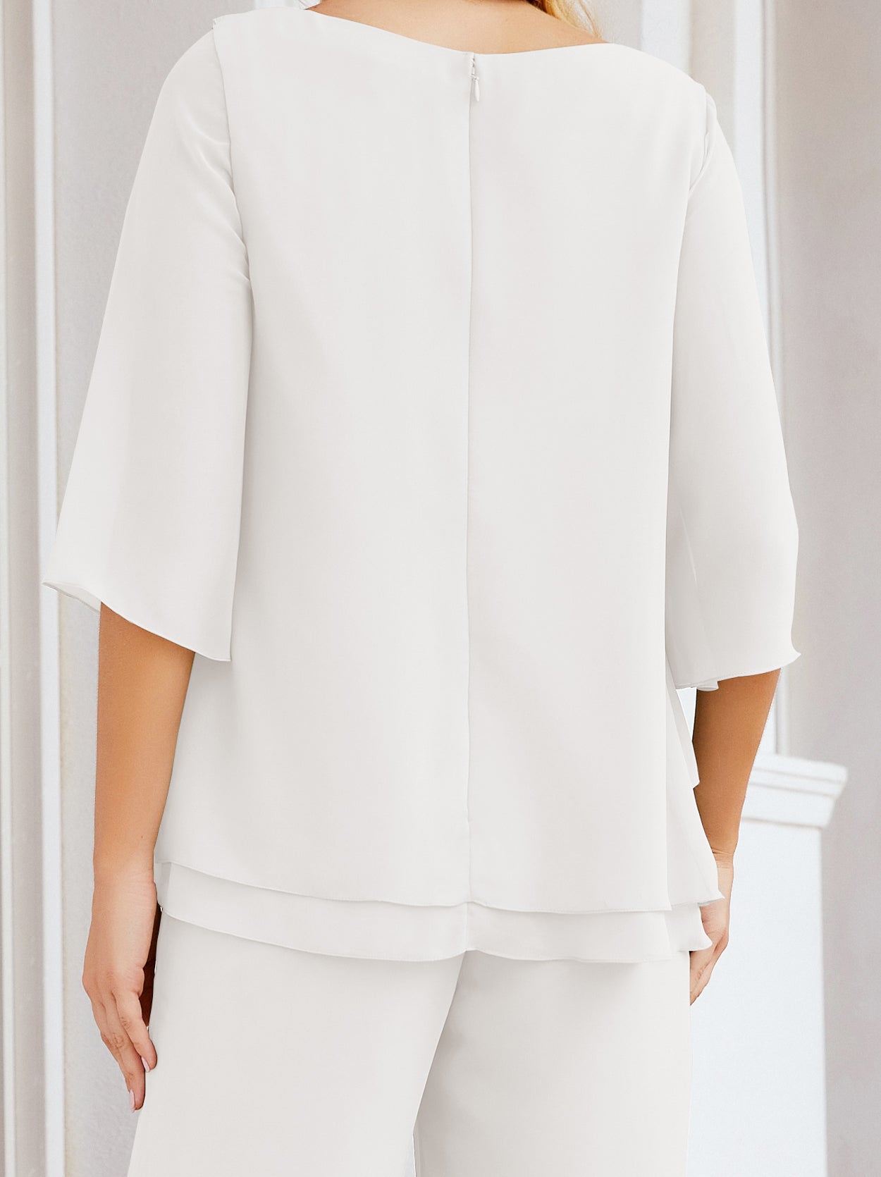 Elegante vestido de dos piezas para madre de la novia, talla grande, pantalón, capas con volantes, bata plateada SY28064 