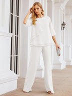 Elegante vestido de dos piezas para madre de la novia, talla grande, pantalón, capas con volantes, bata plateada SY28064 