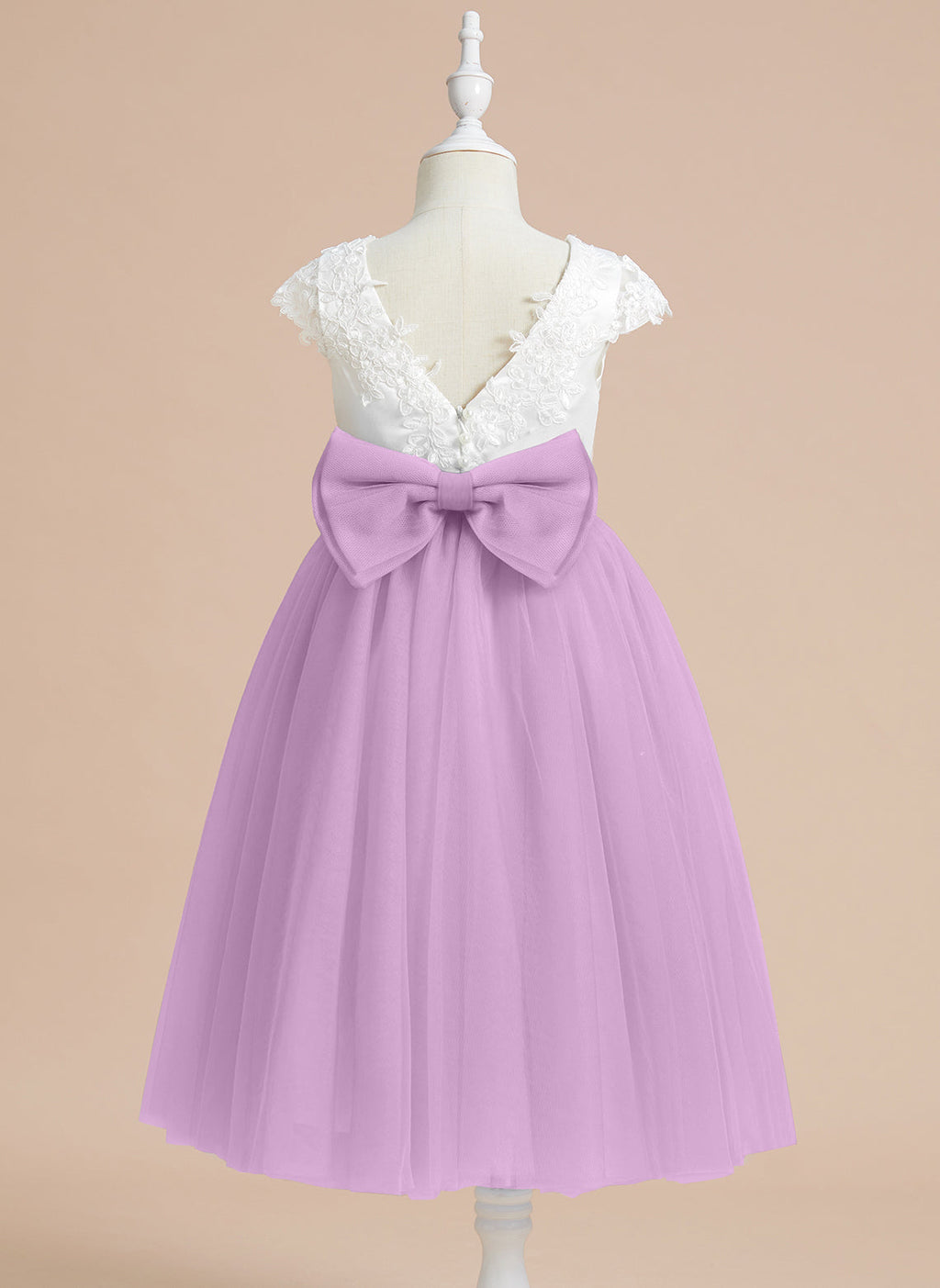 Vestido de niña de las flores de primera comunión de tul satinado con corte en A y largo hasta la rodilla