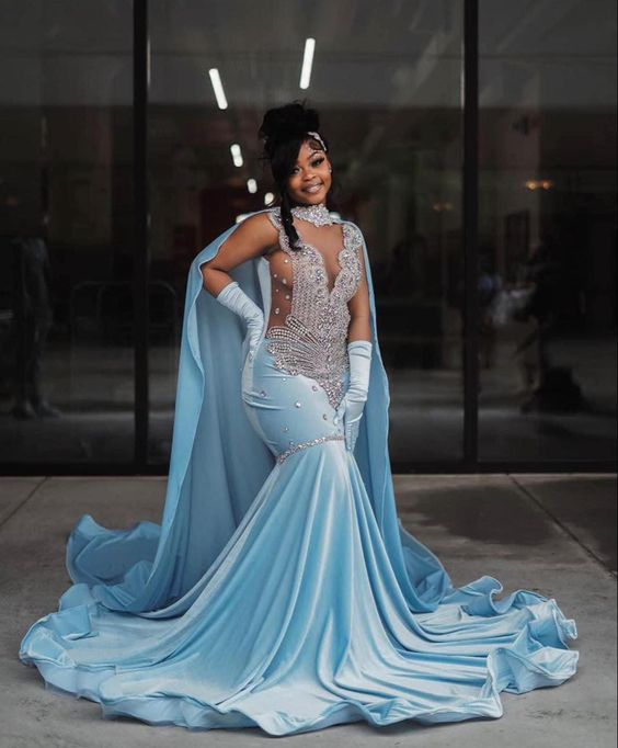 Himmelblaues Samt-Abendkleid mit silbernen Kristallen, luxuriöses Abendkleid Y5764
