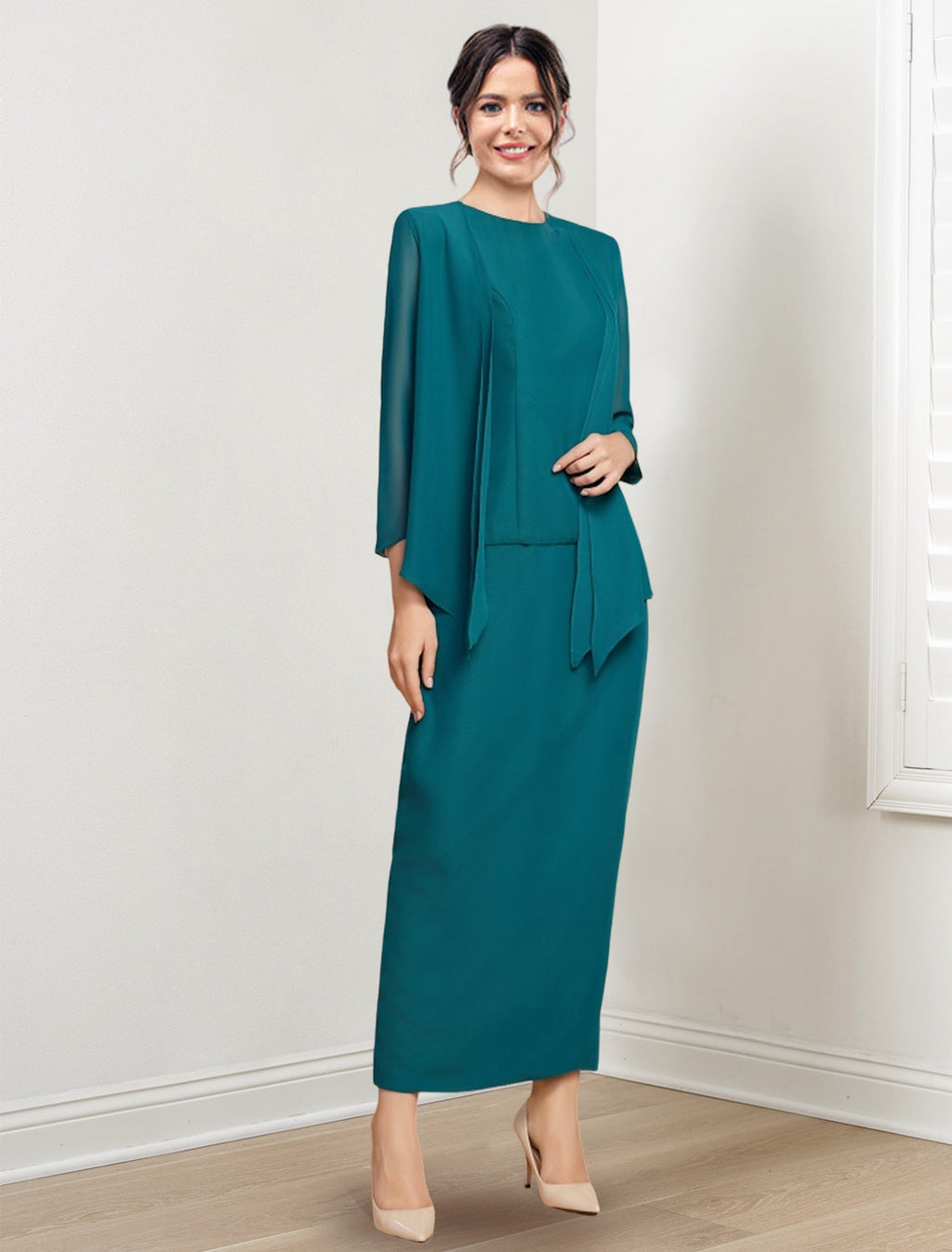 Vestidos para madre de la novia con escote joya, corte tubo/columna y largo hasta los tobillos