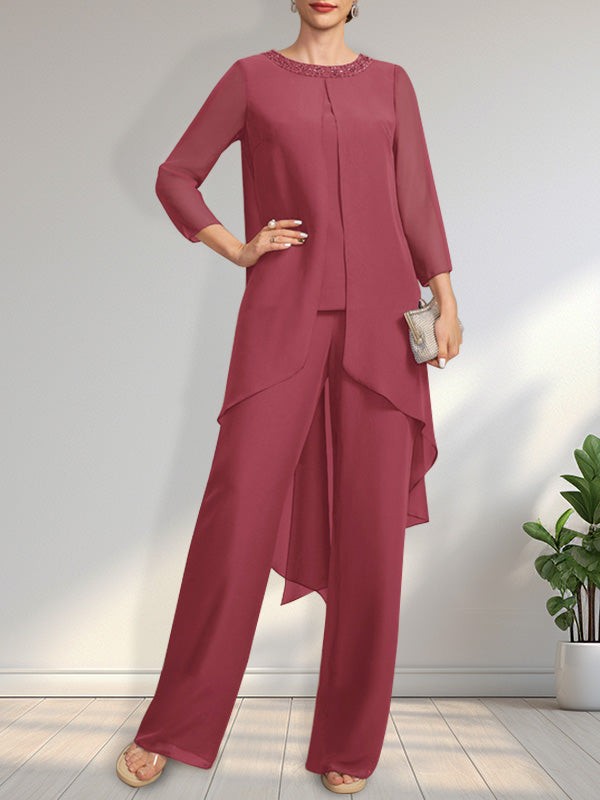 Vestido de gasa para madre de la novia con lentejuelas y abalorios, largo hasta el suelo y mono/pantalón separado