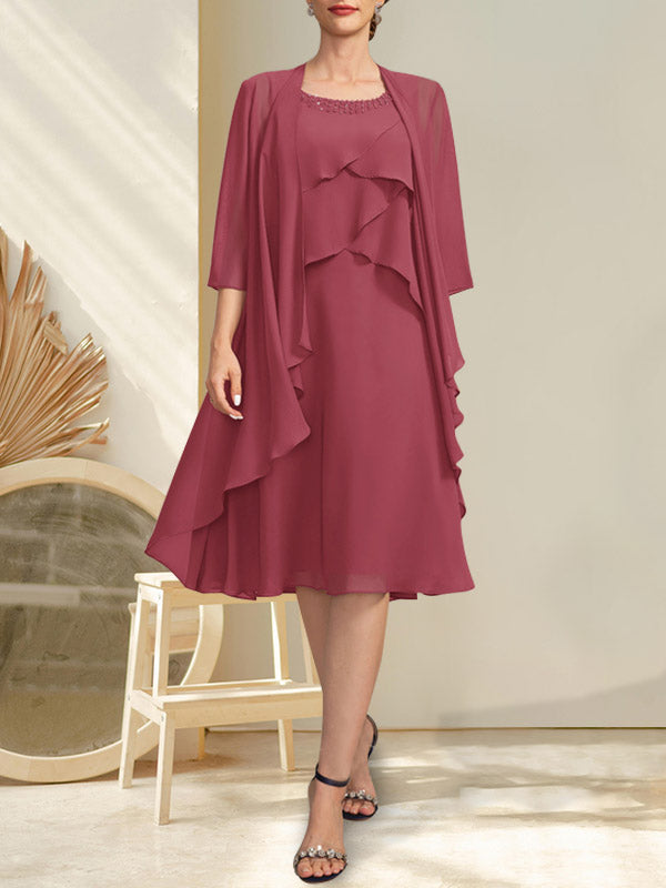 Vestido de gasa para madre de la novia con escote en A y escote redondo hasta la rodilla con cuentas