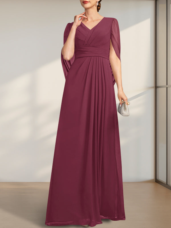 Vestido de gasa para madre de la novia con escote en V, largo hasta el suelo, con pliegues