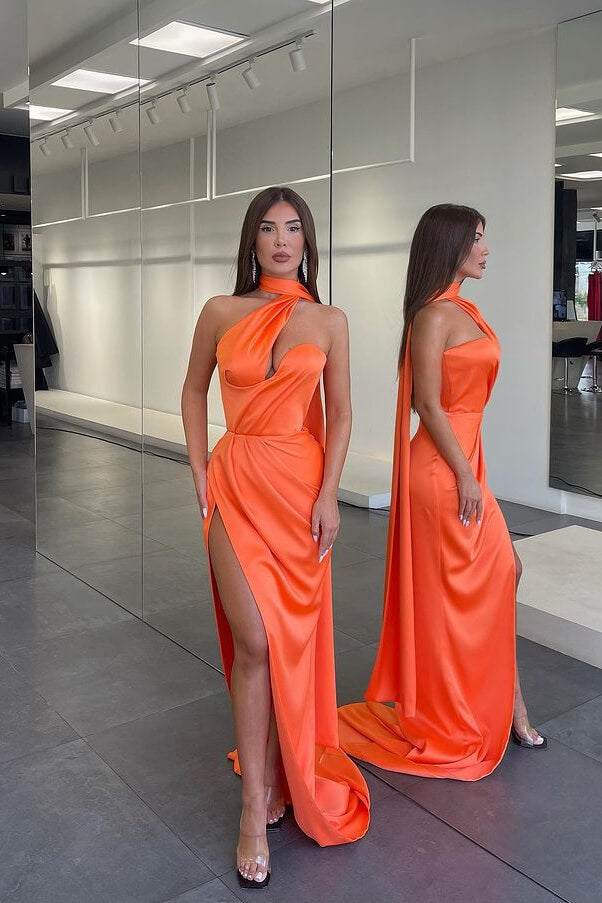Retro Orange Halter Satin Mermaid Prom Dress with Flirty Split