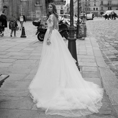 Luxury Wedding Dress 2023 Detachable 2 In 1 Mermaid Embroidered Lace On Net With O-neck Full Sleeve Back Button Vestido De Novia-payinti