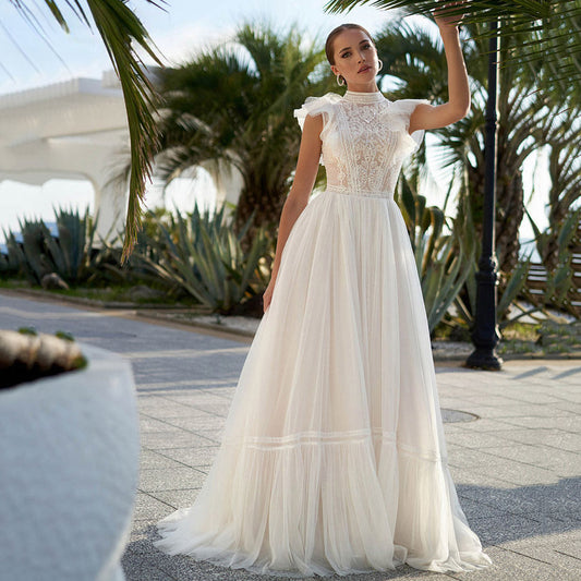 High Neck Sleeveless Wedding Dresses Lace Appliques A Line فساتين السهرة Sweep Train Bohemian New Vestidos De Novia-payinti
