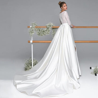 Luxury Long Sleeve Satin Wedding Dress Deep V-Neck Side Split Bridal Party Gown vestido de novia Sweep Train 2023-payinti