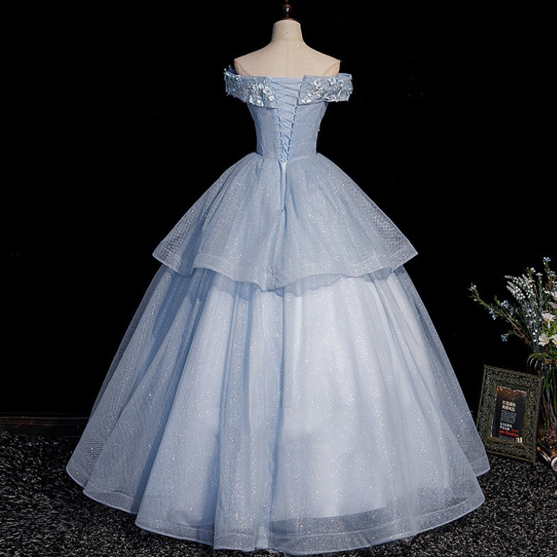 Blau Tüll Spitze lange Ballkleid Abendkleider Y4208