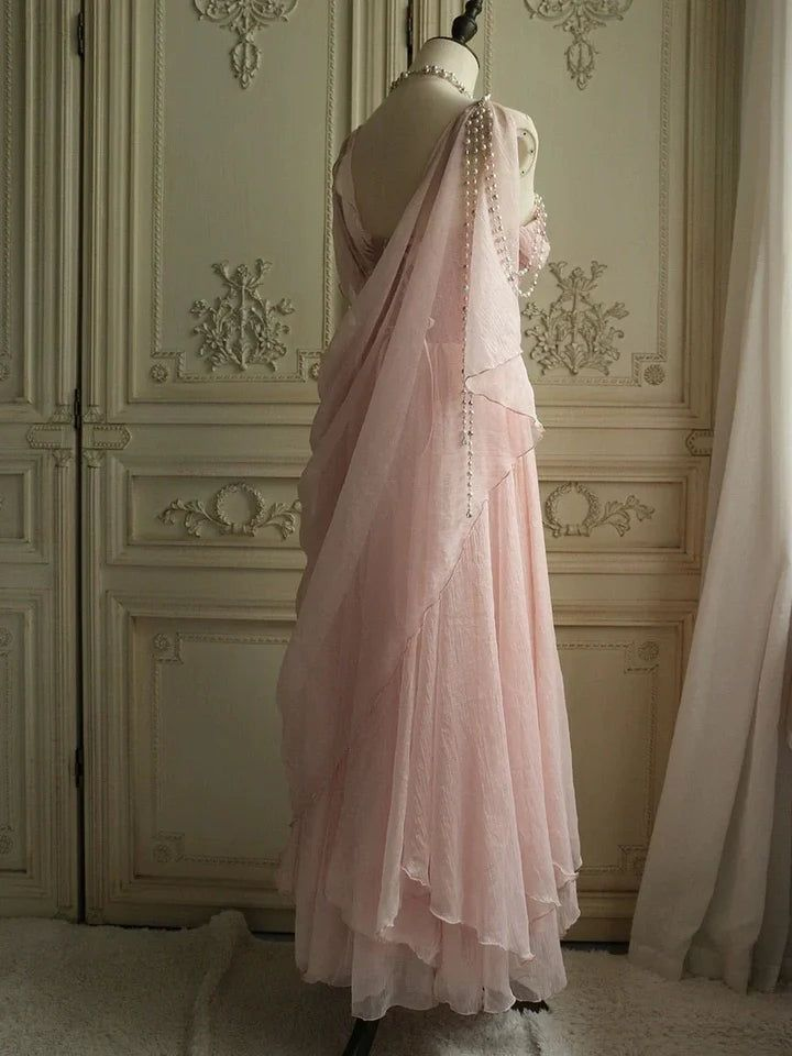 Hübsches Rosa Chiffon Sweetheart Spaghettiträger Langes Abendkleid mit Perlen Y8290