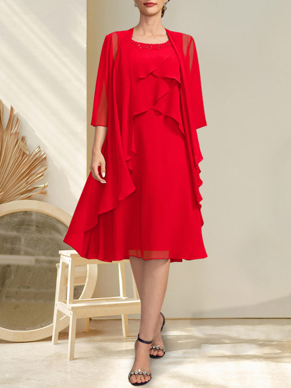 Vestido de gasa para madre de la novia con escote en A y escote redondo hasta la rodilla con cuentas