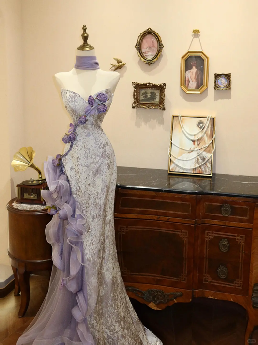 Glamuroso vestido de fiesta de sirena de tul y satén morado sin tirantes, vestido de noche con flores Y8601