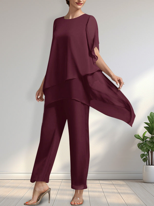 Vestido de gasa para madre de la novia, con escote redondo y largo hasta los tobillos, de mono/pantalón separado