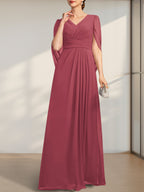 Vestido de gasa para madre de la novia con escote en V, largo hasta el suelo, con pliegues